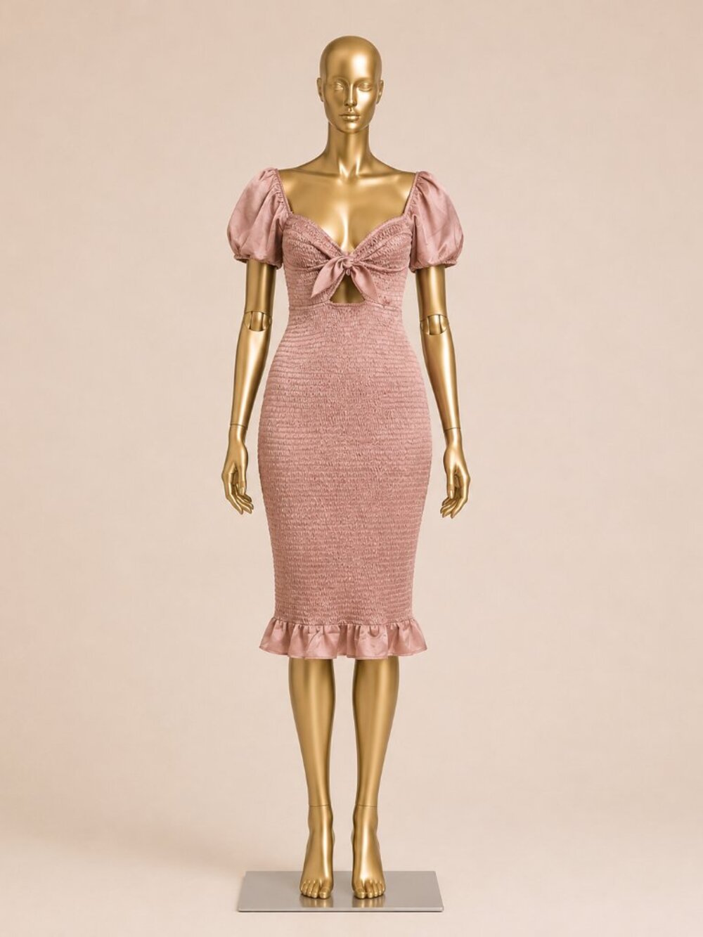 BLUSH Dusty Rose Smocked Puff Sleeve Midi Dress Size L - Picture 2 of 9